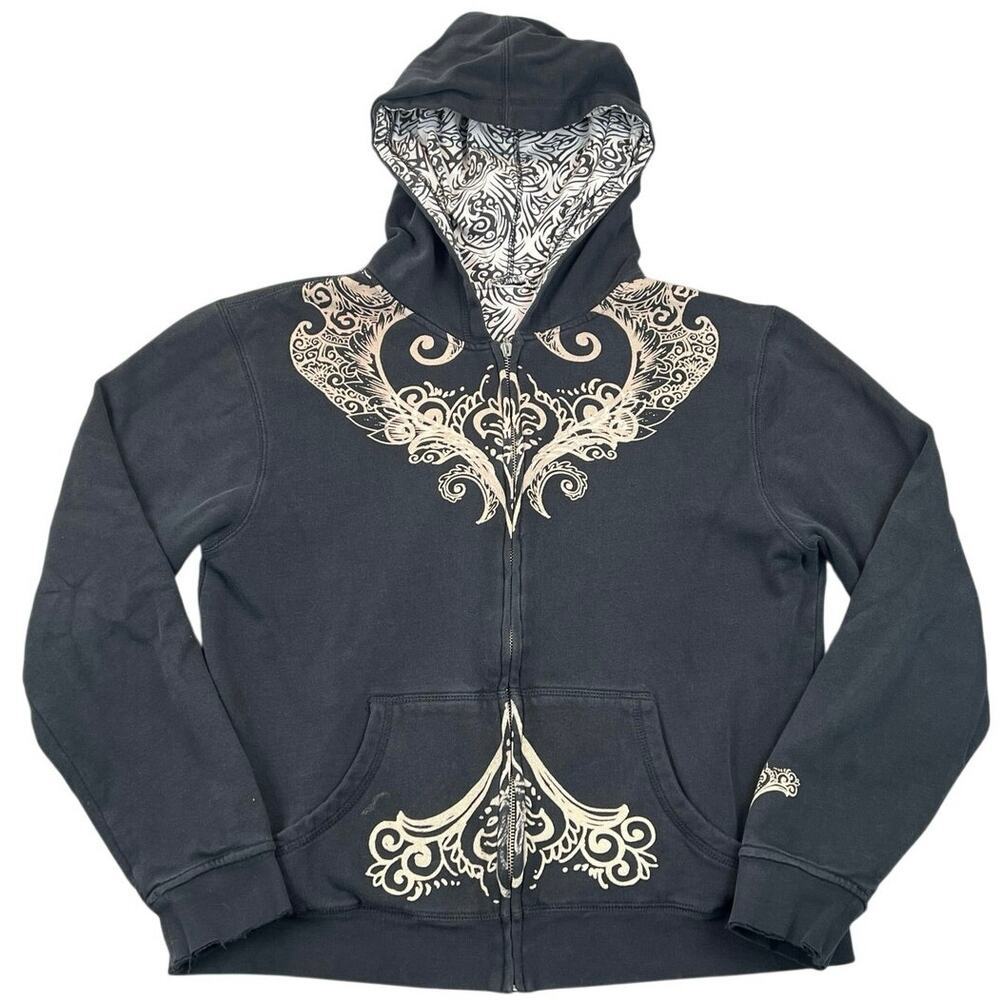 Crazy Shirts Reversible Black Tan Ornate Print Zip Hoodie Y2K Women’s M
